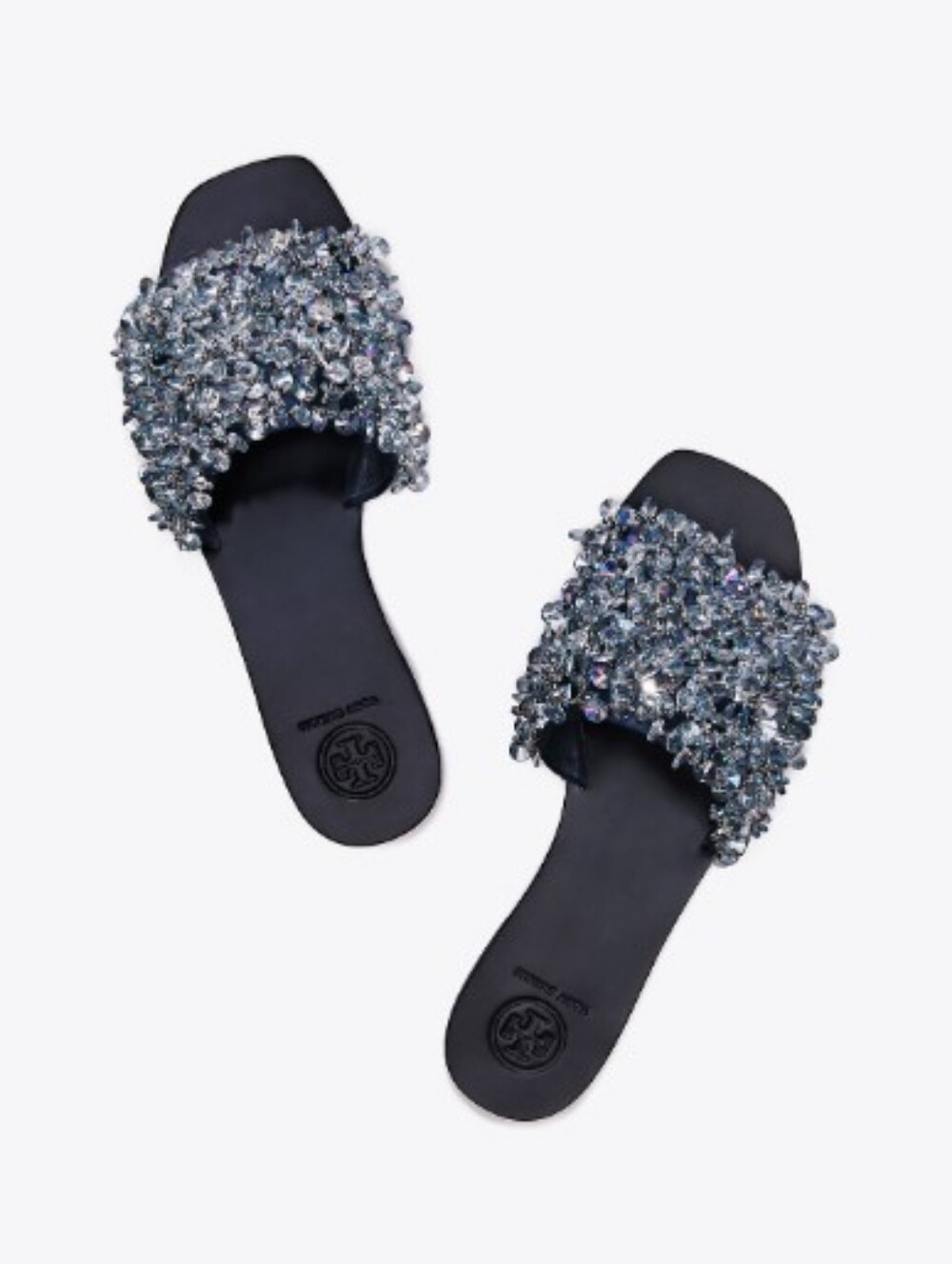 Tory Burch Logan Navy Satin Embellished Slides Slippers
